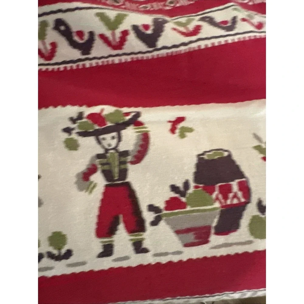 Beautiful  1960's Style Folk Art Red-green Cotton Tablecloth 52x46